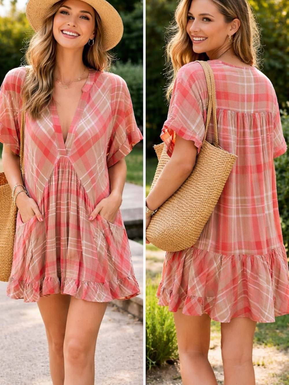 Free People Coral-Pink Plaid Mini Dress